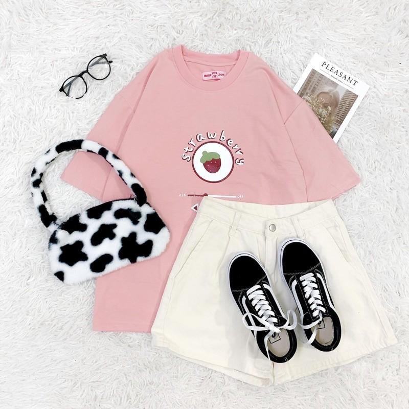 Áo Thun Tay Lỡ Form Rộng Unisex Nam Nữ Phong Cách Hàn Quốc Ulzzang STRAWBERRY Quả Dâu Tây