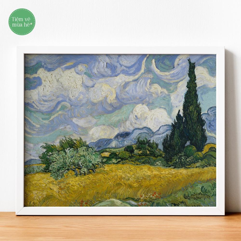 Tranh số hóa  - Cánh đồng lúa mì với cây bách đã căng khung 40x50cm 26 màu