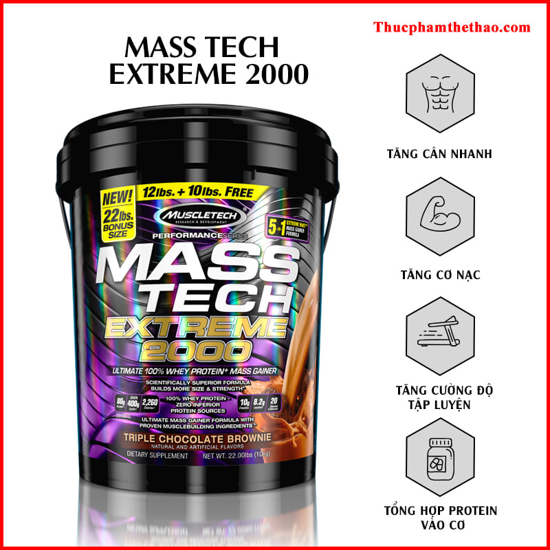 Sữa tăng cân tăng cơ Mass Tech Extreme 2000 22lbs (~10kg) – Hỗ trợ Tăng Cân Nhanh + Tăng Sức Mạnh từ nguồn dinh dưỡng đầy đủ như 1 bữa ăn - Hàng nhập khẩu chính hãng - Thương hiệu Muscletech - Kèm quà tặng