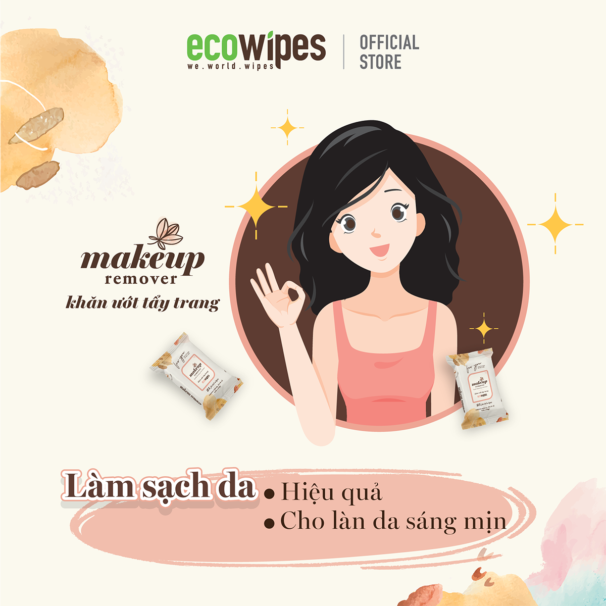 Combo 3 gói khăn giấy ướt tẩy trang Makeup Remover Ecowipes gói 25 tờ làm sạch lớp trang điểm nhanh chóng