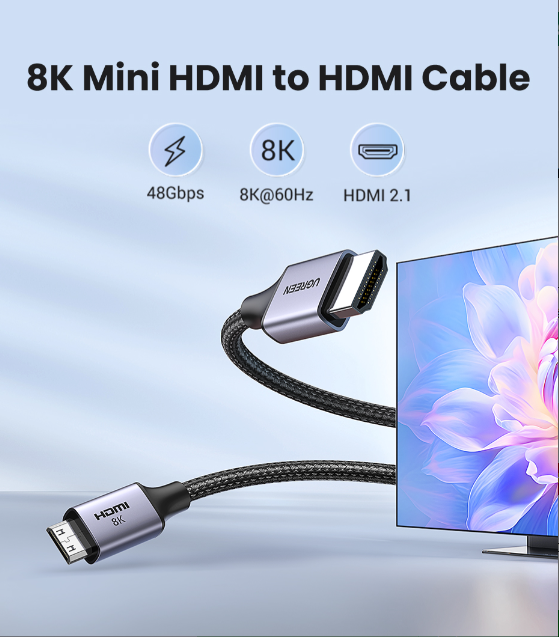 Cáp chuyển đổi Mini HDMI sang HDMI 2.1 dài 2M Ugreen 15515 hỗ trợ 8K@60Hz 4K@144Hz 48Gbps - Hàng chính hãng