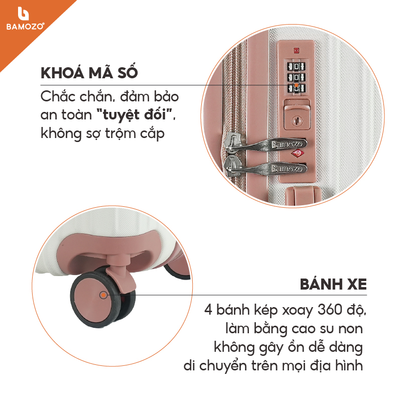 Vali du lịch BAMOZO 8809 MÀU TRẮNG size 20/24/28 , vali nhựa kéo bảo hành 5 năm 