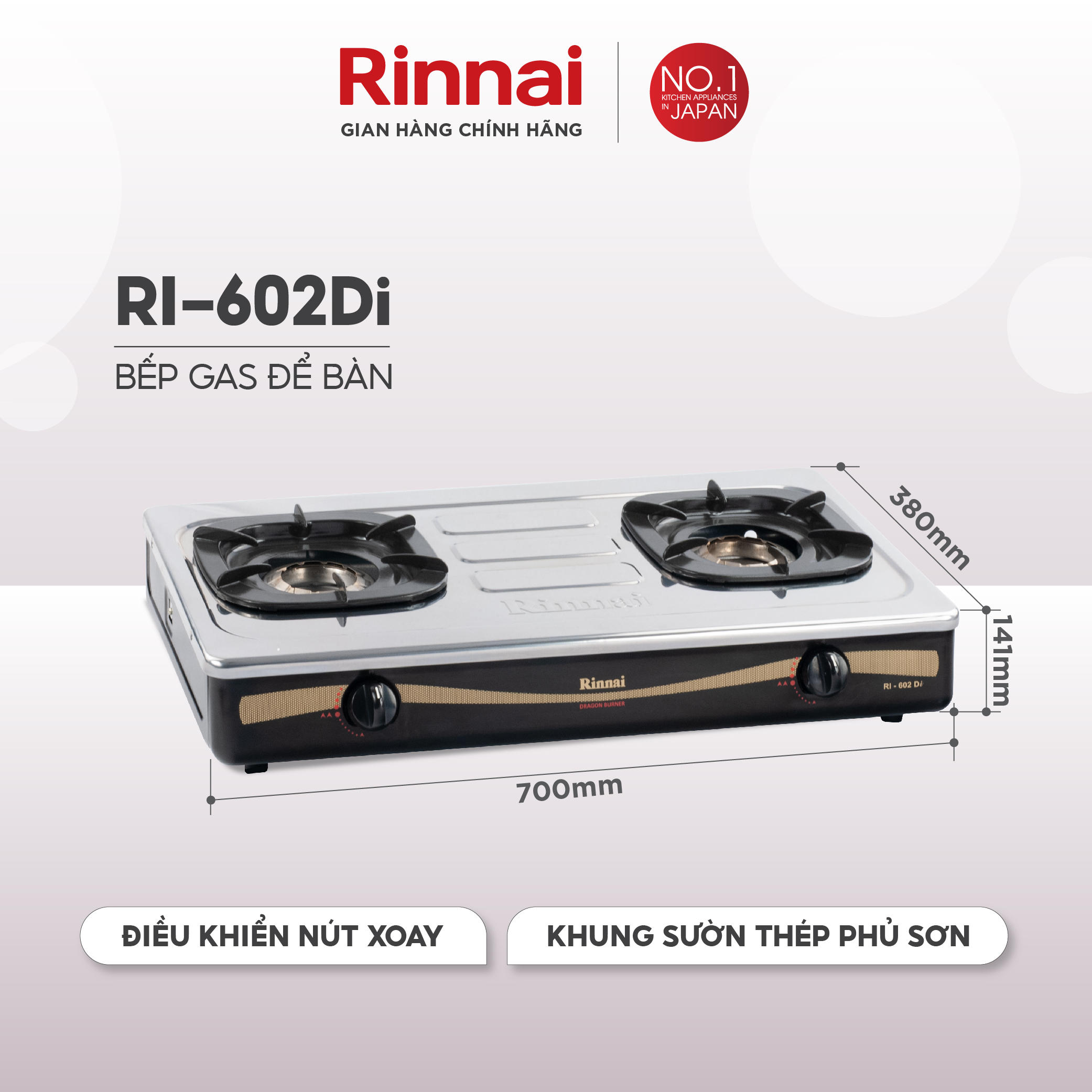 Bếp gas dương Rinnai RI-602Di mặt bếp inox và kiềng bếp men - Hàng chính hãng.