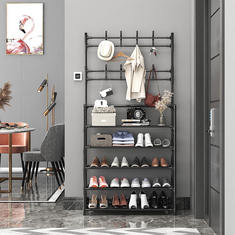 Giá để giày dép, quần áo 4 tầng bằng sắt sơn tĩnh điện chịu lực tốt, bên trên có các móc treo túi xách, quần áo, thiết kế hiện đại sang trọng, phù hợp cho cá nhân, gia đình