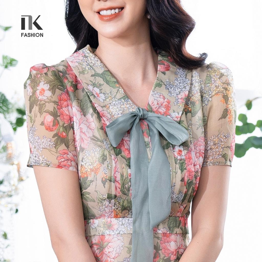 Đầm Dáng Xòe Nữ NK Fashion Cổ Sen Kèm Nơ Rời Họa Tiết Hoa Nữ Tính, Chất Vải Cao Cấp Mềm Mịn NKDV2204004
