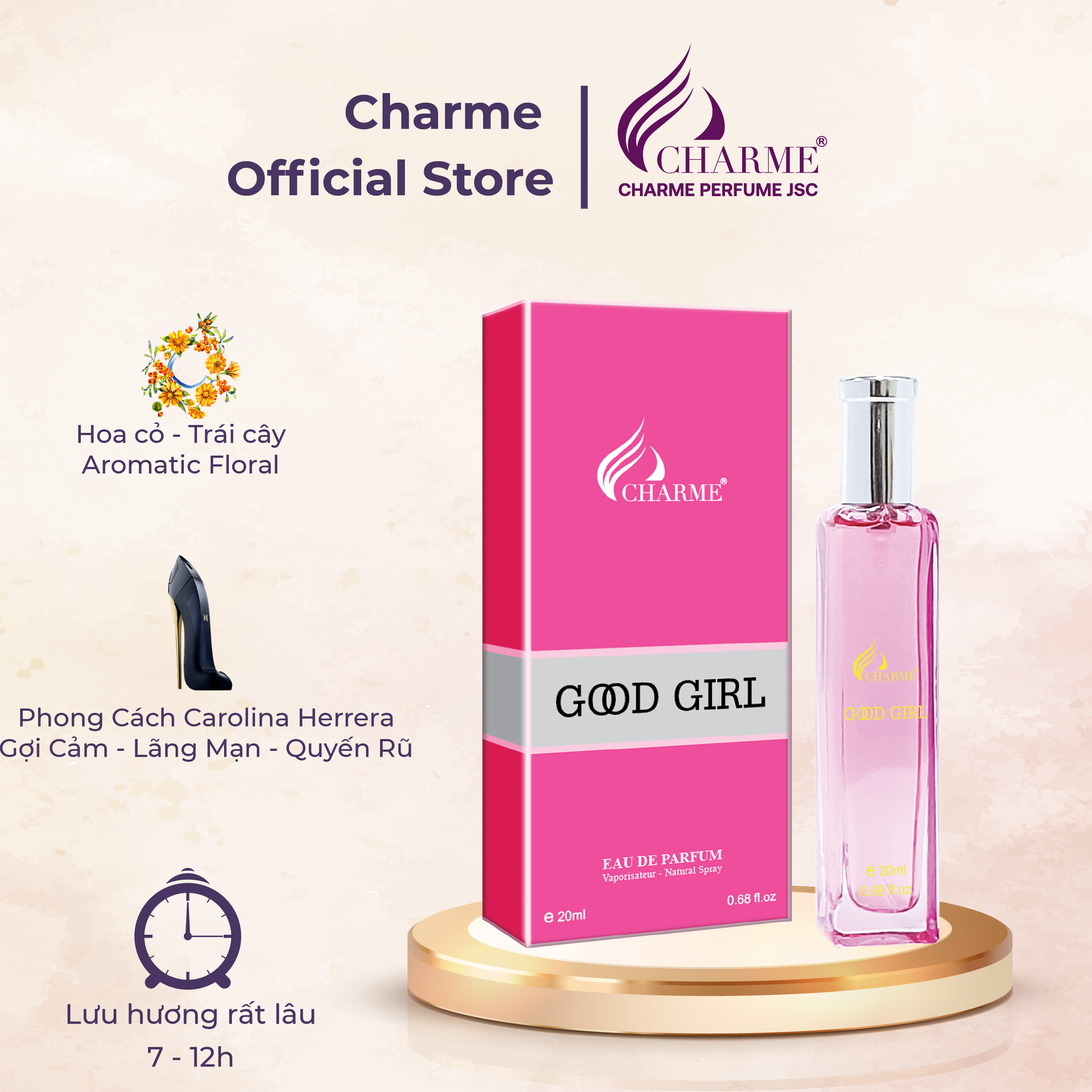 Nước hoa nữ cao cấp, Charme GoodGirl, mùi hương hoa cỏ, nhẹ nhàng, thanh thoát, lưu hương lâu, 20ml