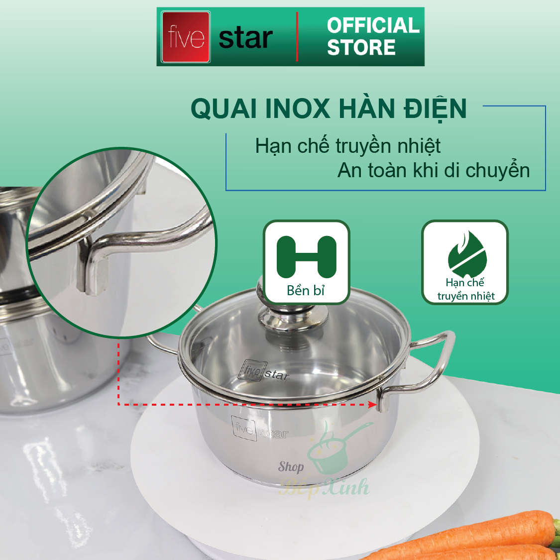 Bộ nồi inox và xửng hấp inox 430 cao cấp Fivestar Standard 4 món nắp kính tặng 2 muỗng canh