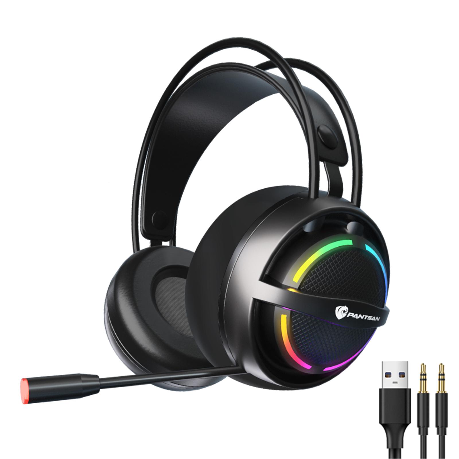 PC Gaming Headset with Microphone 7.1 Surround Sound Wired Over Ear USB Computer Gaming Headset Headphone with Detachable Mic and LED Light for Laptop