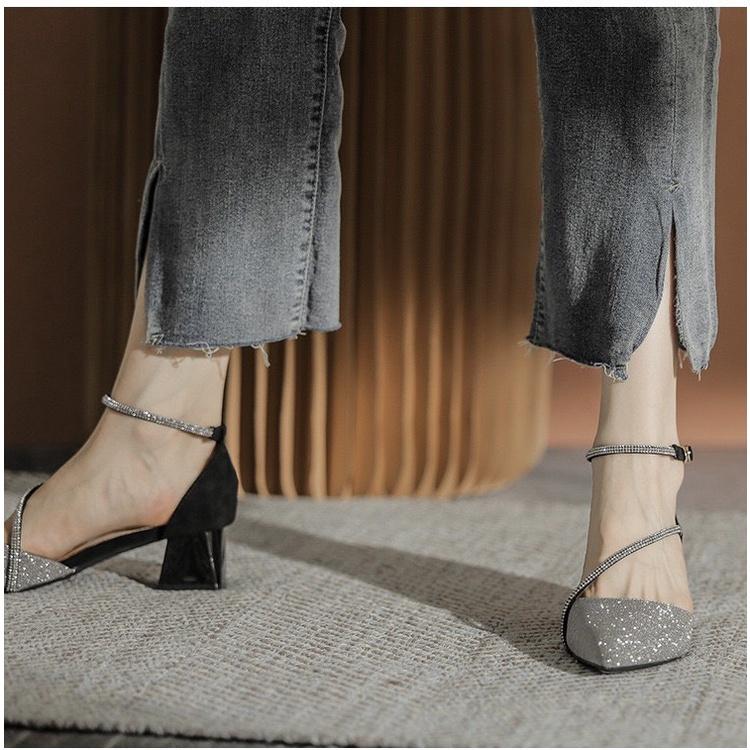 Giày Sandal Cao Gót Mũi Nhọn Đính Đá Chất Liệu: Da Lộn Ở Gót Mềm Cao Cấp, Đế Cao Su 030