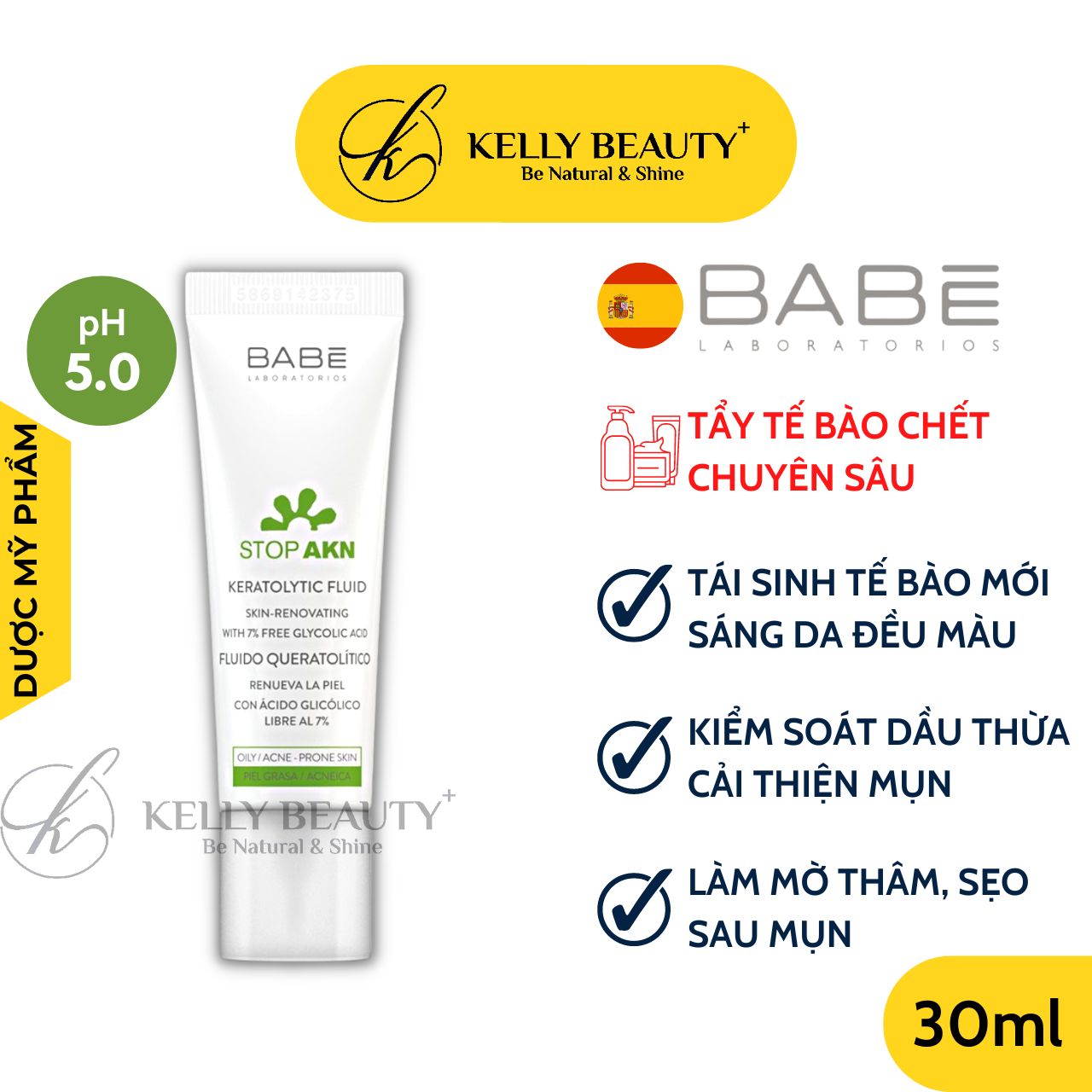 Tẩy Tế Bào Chết Chuyên Sâu BABE STOP AKN Keratolytic Fluid - Giảm Mụn, Kiềm Dầu, Trẻ Hóa Làn Da - Kelly Beauty