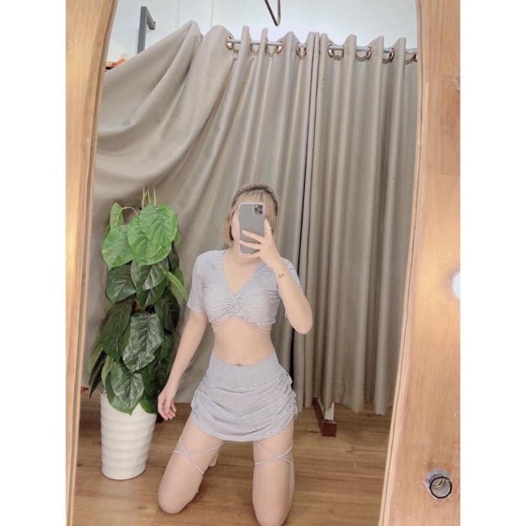 freeship Bikini đồ bơi hai mảnh cộc tay kín đáo sọc đen trắng quần đùi mặc đi biển đi bơi đẹp