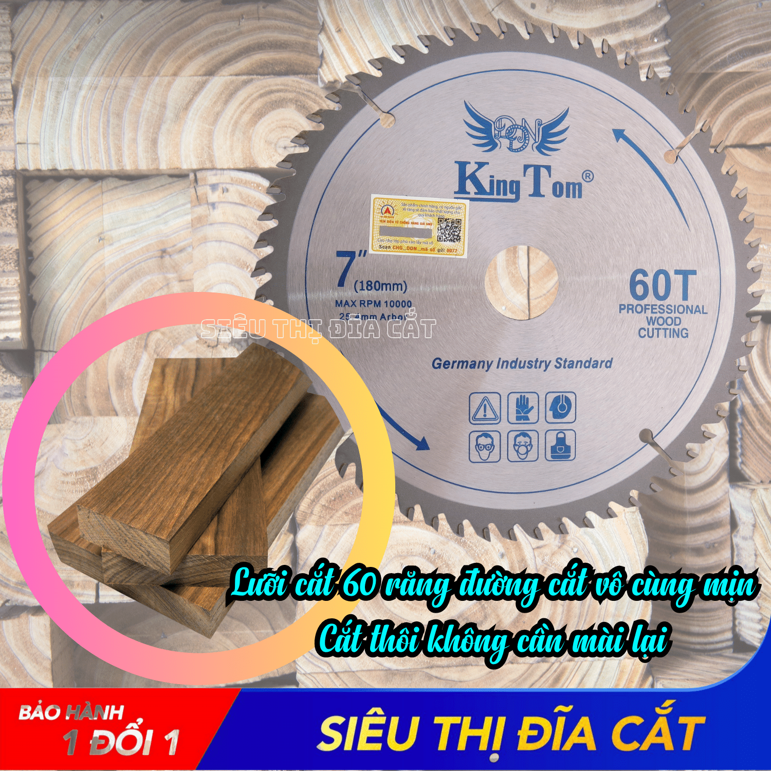 Lưỡi Cưa - Lưỡi Cắt Gỗ Cao Cấp 180-60 Răng KingTom - Chuyên Gỗ Cứng, Gỗ Có Đinh