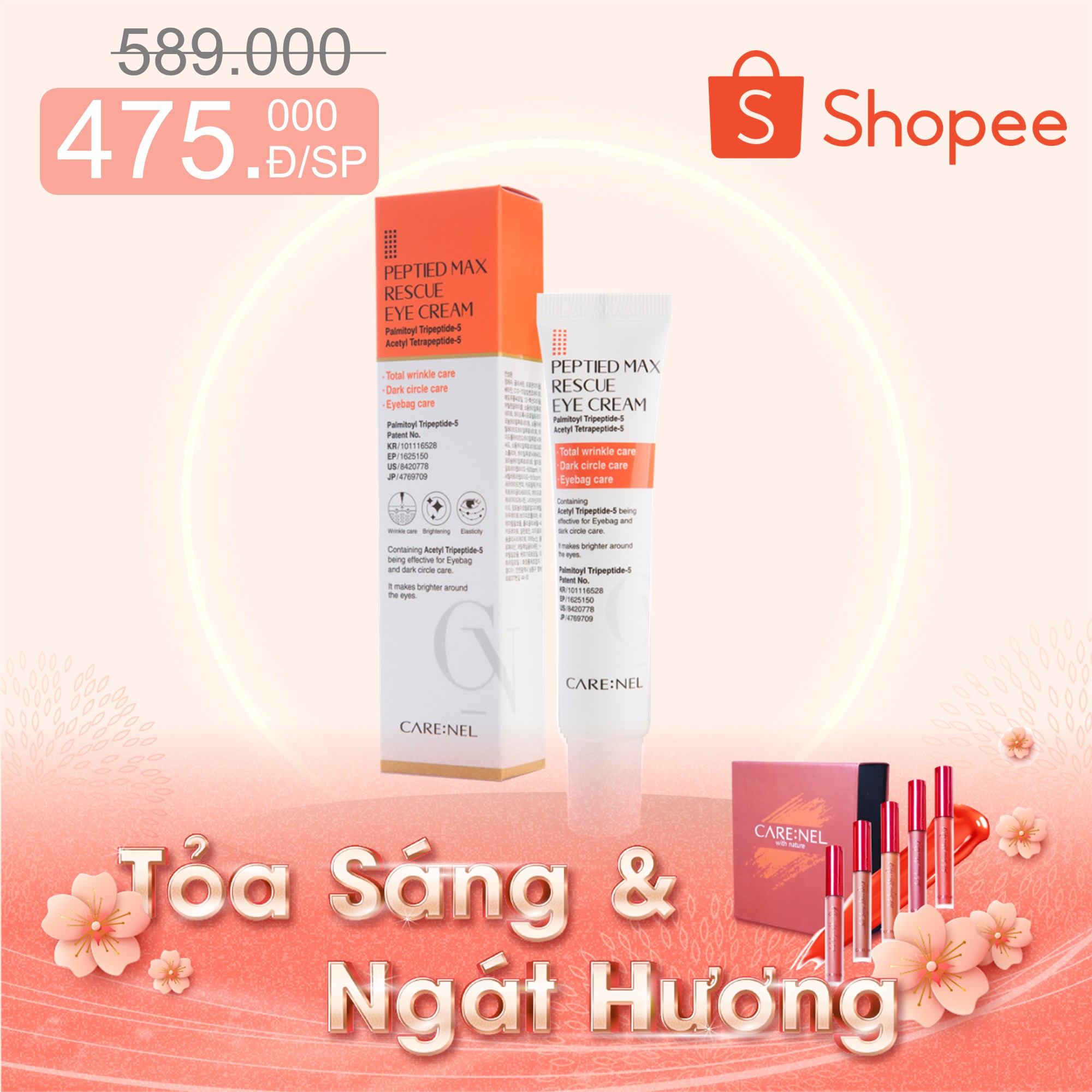 Kem dưỡng giảm quầng thâm – căng da – ngừa nếp nhăn – bọng mắt Care:nel Peptided Max Rescue Eye Cream 25ml