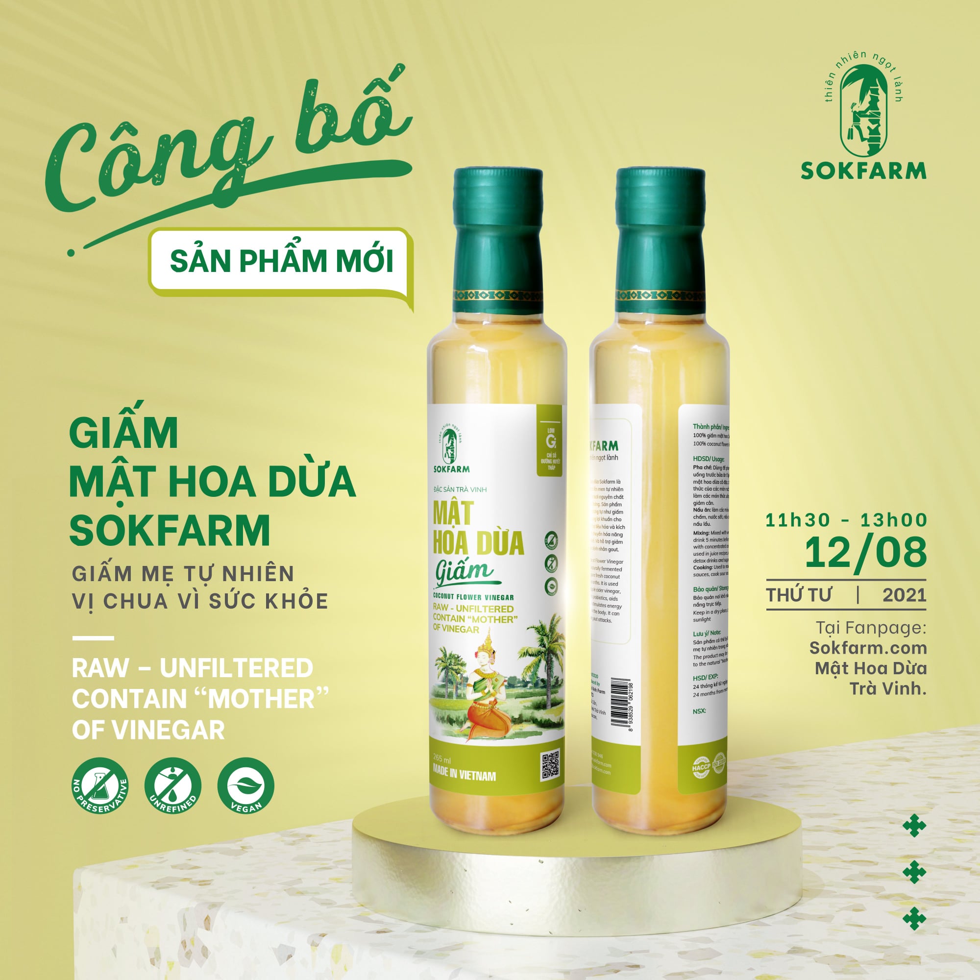Dấm mật hoa dừa Sokfarm - 265ml - Bổ sung lợi khuẩn, kích thích tiêu hóa, hỗ trợ giảm đau cho người bị GUT, lên men tự nhiên trong vòng 6 tháng