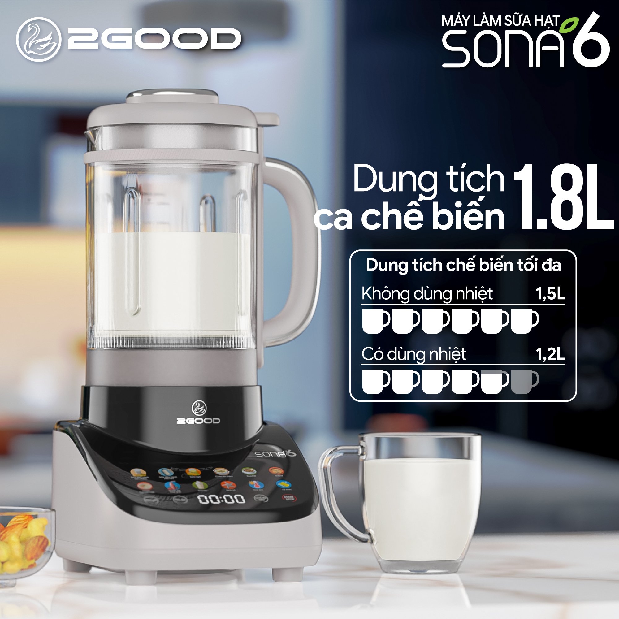 Máy Làm Sữa Hạt Cao Cấp Chống Ồn 2Good Sona 6 (Model 2024) Lưỡi Dao Tháo Rời - Cải Tiến 2Good Sona i8 - Hàng Chính Hãng