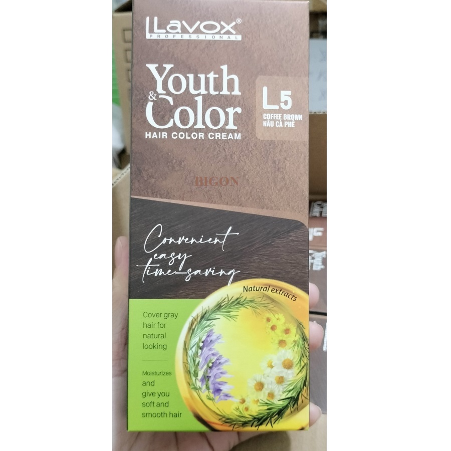 Nâu Cà Phê(Nâu Sáng L5) - Kem Nhuộm Dưỡng Tóc Phủ Bạc Lavox Youth&Color L5 - Màu Nâu Cà Phê (Mẫu Cũ Nâu Sáng)