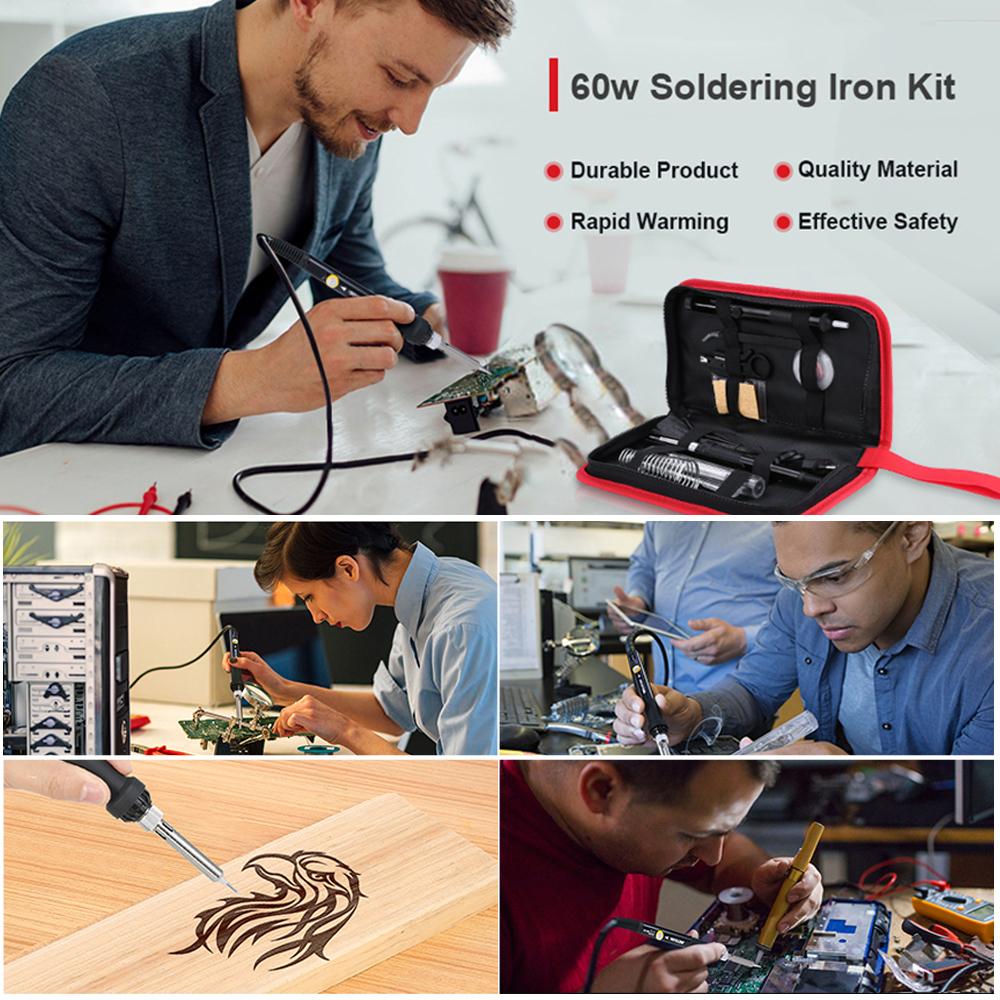 13 in 1 Soldering Iron Kit 60W Adjustable Temperature Welding Soldering Iron with ON/OFF Switch 5pcs Soldering Tips Solder Sucker Desoldering Wick Anti-static Tweezers Iron Stand with Cleaning Sponge Zipper Tool Pouch Organizer