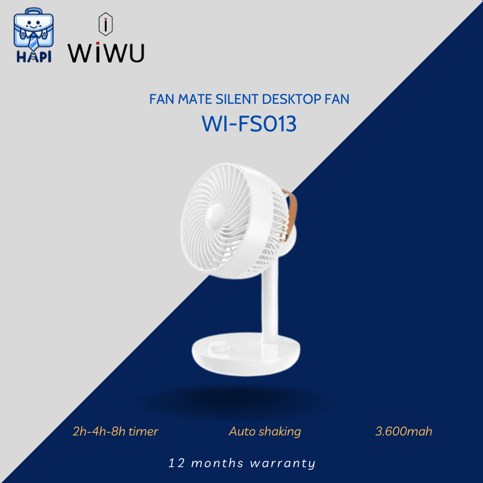 Quạt Mini Tích Điện hàng chính hãng WiWU FAN MATE Wi-FS013: Tự động xoay 120 độ, 4 cấp gió, chế độ hẹn giờ