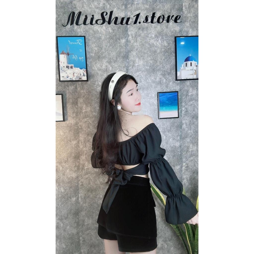 Áo Croptop Cổ Vuông Nhún Tay Nơ Lưng