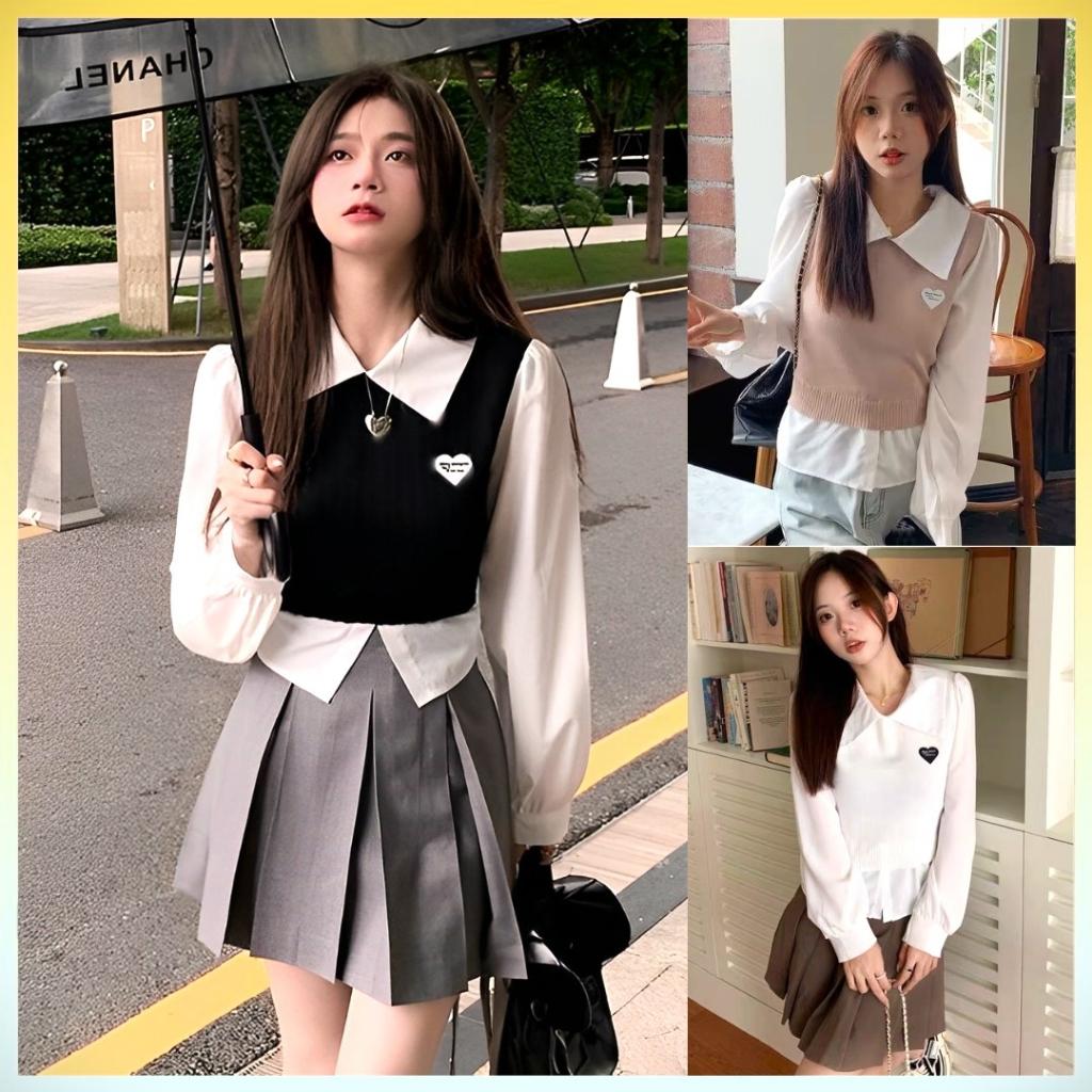 Áo len nữ Montoghi GILE LOGO TIM tay dài CỘT NƠ sau phong cách Hàn Quốc nữ tính