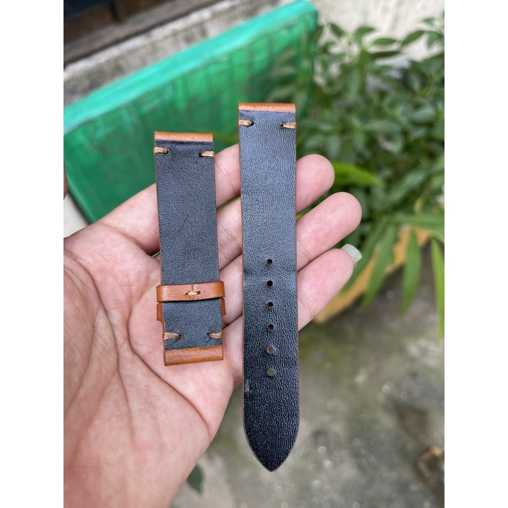 Dây đồng hồ nam nữ Da bò Ý, khâu tay thủ công chốt chỉ 2 đầu màu vàng bò size 18, 20, 22, tặng kèm khóa, chốt, tool
