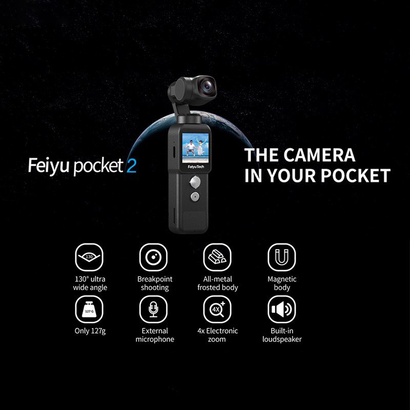 Feiyu Pocket 2 - Camera Action Nhỏ Gọn, Góc Quay Siêu Rộng 130°, Zoom 4x, Quay Video 4K, Theo Dõi Khuôn Mặt - Hàng Chính Hãng