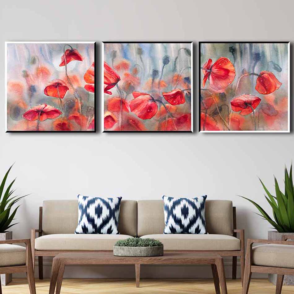 Bộ 3 tranh decor hoa đỏ thủy mặc-DC015 -50x50cm
