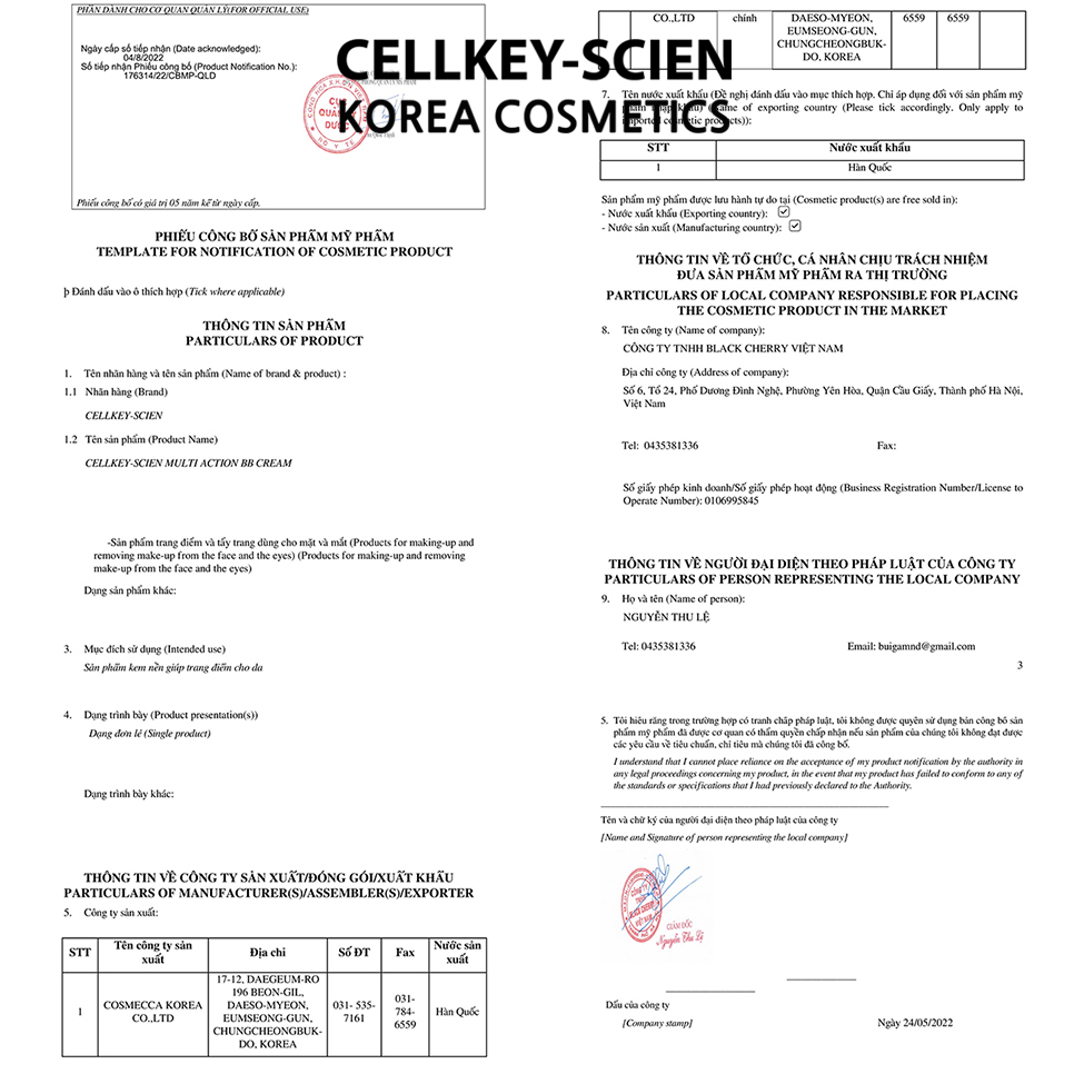 Kem Nền Che Khuyết Điểm Kiềm Dầu Chống Nắng Dưỡng Da Ngăn Ngừa Lão Hóa Công Nghệ Nano Vàng Cellkey-Scien Multi Action BB Cream (30ml)