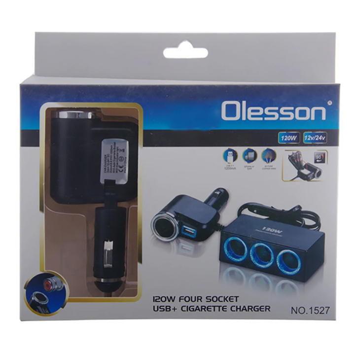 Bộ Chia Tẩu Sạc Dành Cho Xe Ô Tô 3 Cổng Tẩu & USB Model 1527 IN-CAR OLESSON