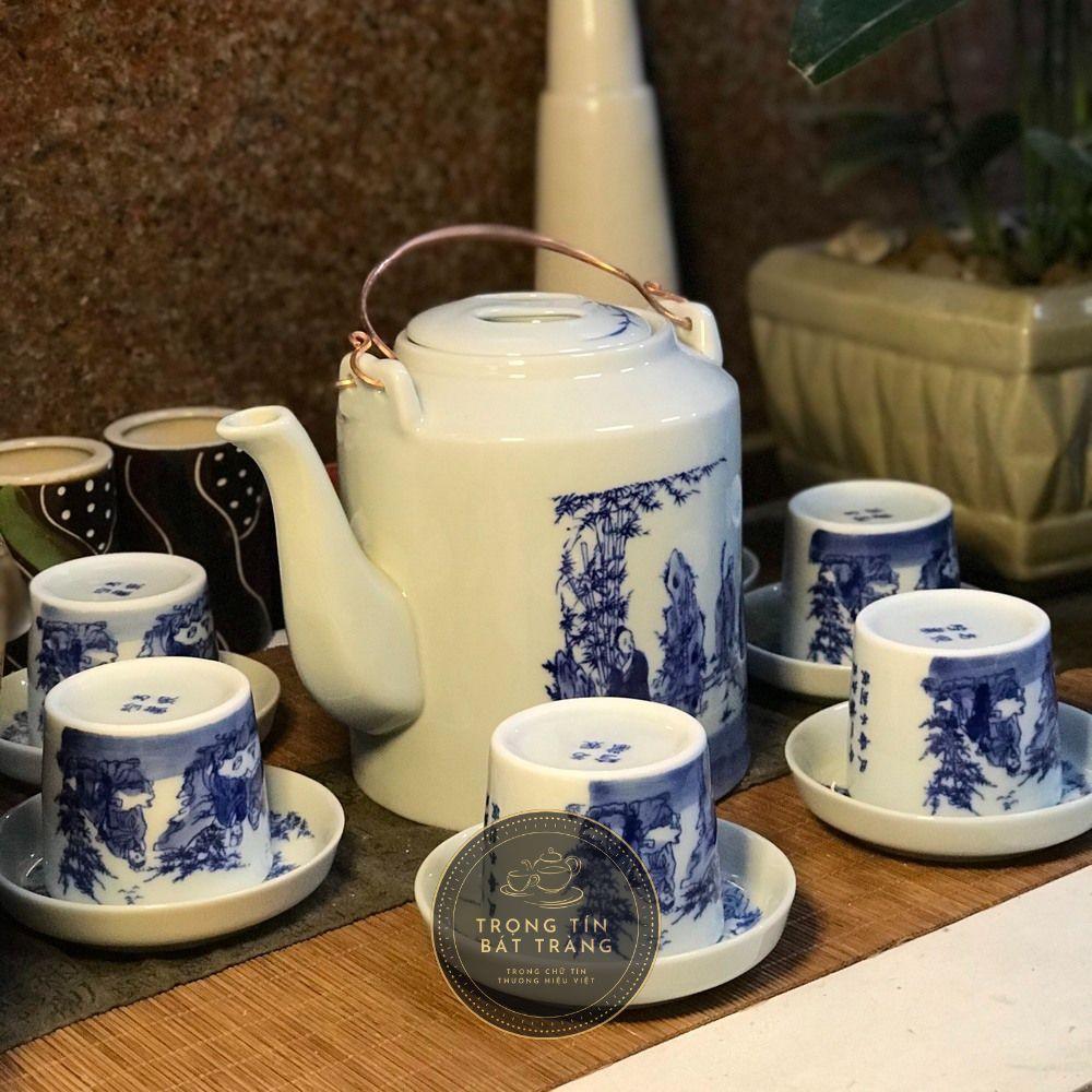 Bộ Ấm Chén Tích Trà Đạo Gốm Trắng Men Lam Bát Tràng Trúc Lâm Thất Hiền Dáng Tích Lan ATA 25