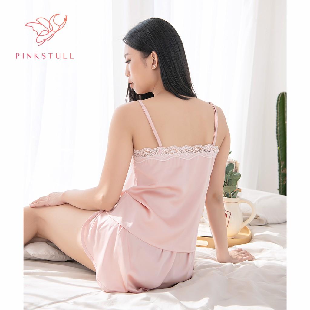 Bộ đồ ngủ hai dây Pink Stull lụa ren áo quần vạt hồng