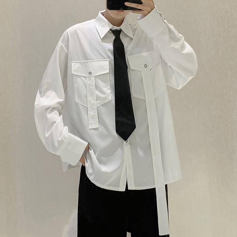 Áo sơ mi dáng rộng tay dài phối 2 túi phong cách hip hop cho nam