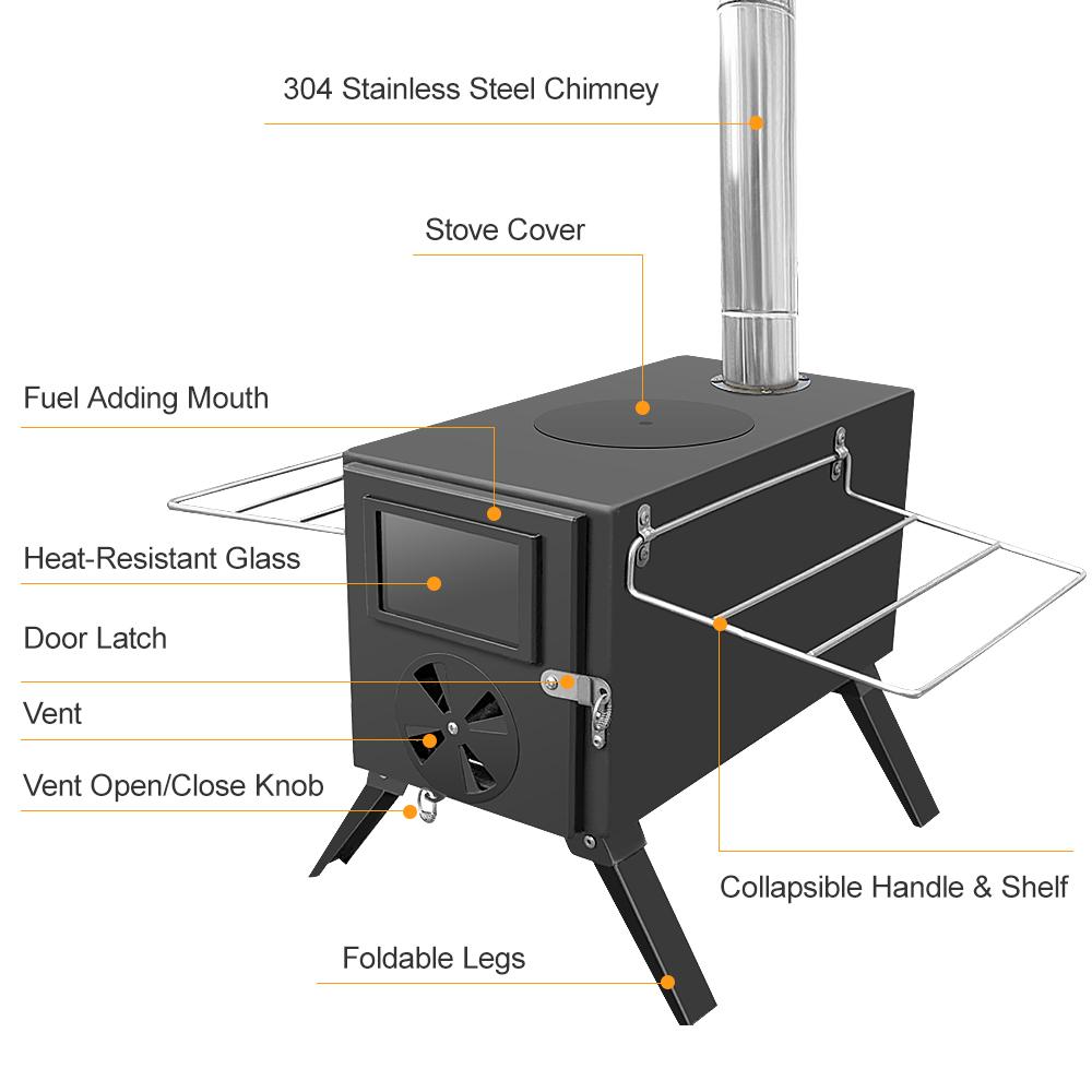 Outdoor Camp Tent Firewood Stove Portable Wood Burning Stove Multifunctional Firewood Burner with Detachable Chimney