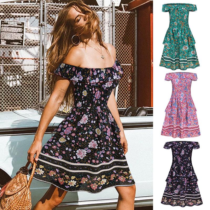 Fashion Women Off the Shoulder Dress Floral Print Ruffles Elastic Bohemian Holiday Beach Dress Casual Mini Dress