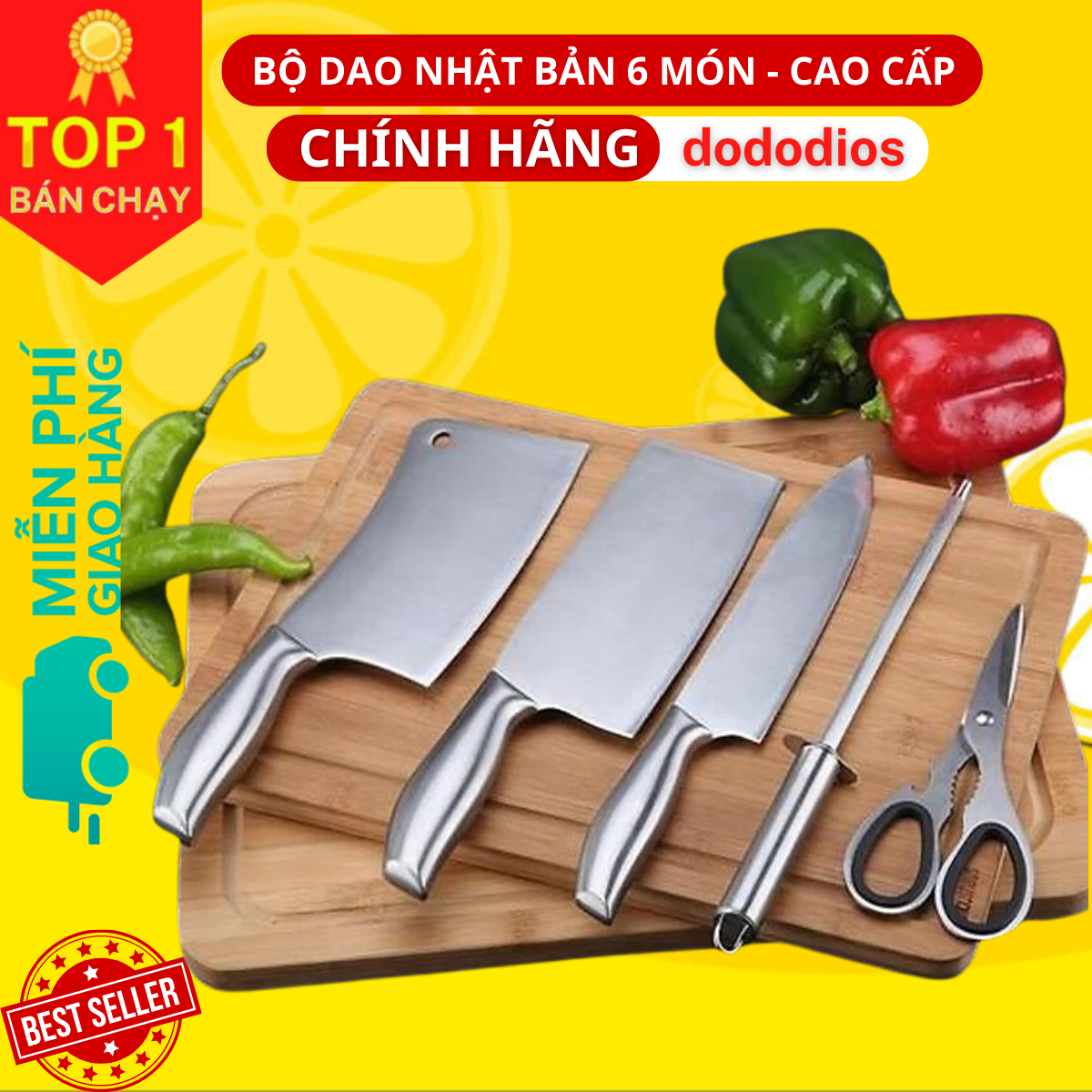 Bộ Dao Nhà Bếp Cao Cấp - Bộ Dao Kéo 6 Món Nhật Bản Cao Cấp chóng han gỉ, tặng kèm khay để giao kéo - Hàng chính hãng dododios - Logo trên thân bộ dao là hình và kí tự ngẫu nhiên