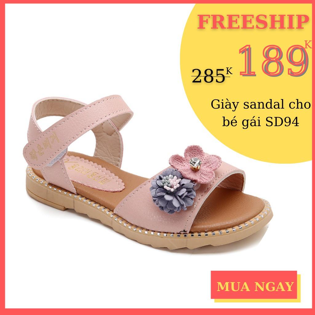 Sandal bé gái SD94 - dép quai hậu bé gái 3 - 12 tuổi da mềm quai ngang gắn hoa đế chống trơn thời trang phong cách Hàn