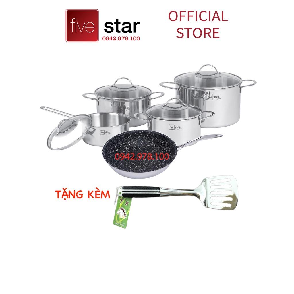 Bộ nồi và chảo chống dính vân đá 3 lớp đáy liền inox 304 cao cấp Fivestar Plus 5 món quai oval nắp kính , tặng 1 sạn inox