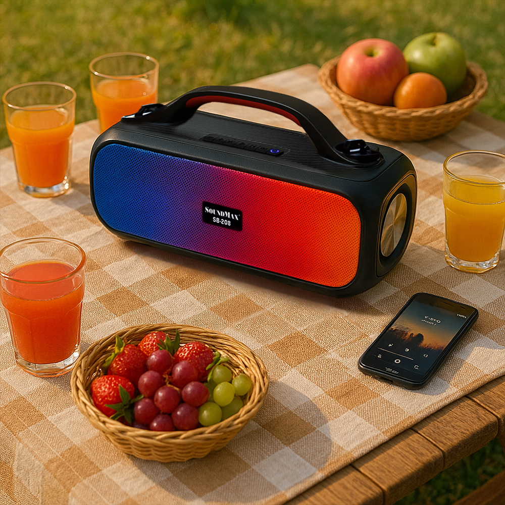 Loa di động bluetooth SoundMax SB-208 | Portable Bluetooth Speaker SoundMax SB208 | LED RGB, Hỗ trợ USB AUX, Thời lượng pin 5 giờ, Công suất 30W - Hàng Chính Hãng