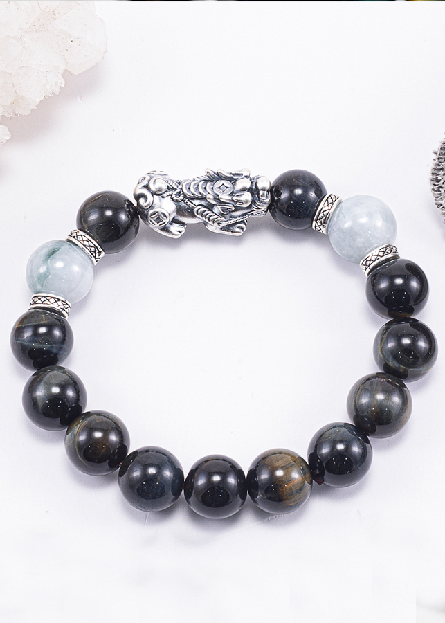 Vòng Tay Phong Thủy Nam Đá Mắt Hổ Xanh Đen Mix Đá Cẩm Thạch Phỉ Thúy Phối Charm Tỳ Hưu Bạc  Mệnh Thủy, Mộc Ngọc Quý Gemstones