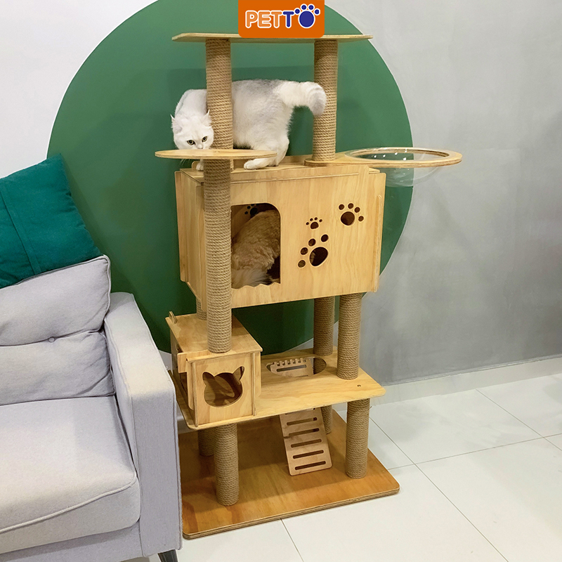 Nhà Cây Cho Mèo 3 Tầng Có Lồng Kính