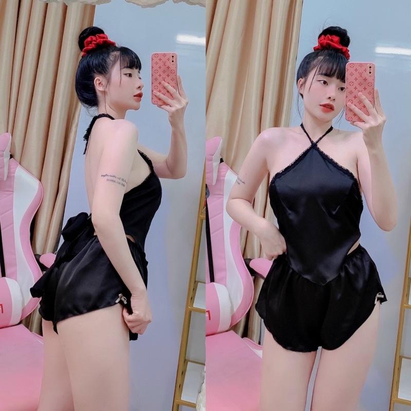 Đồ Ngủ Nữ, Đồ Ngủ Sexy Lụa 2 Dây yếm phối ren, Freesize 40_58kg, tuỳ chiều cao