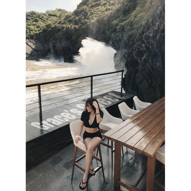 bikini hai mảnh áo croptop cộc tay sẵn mút nâng ngực quần đùi nhún che bụng