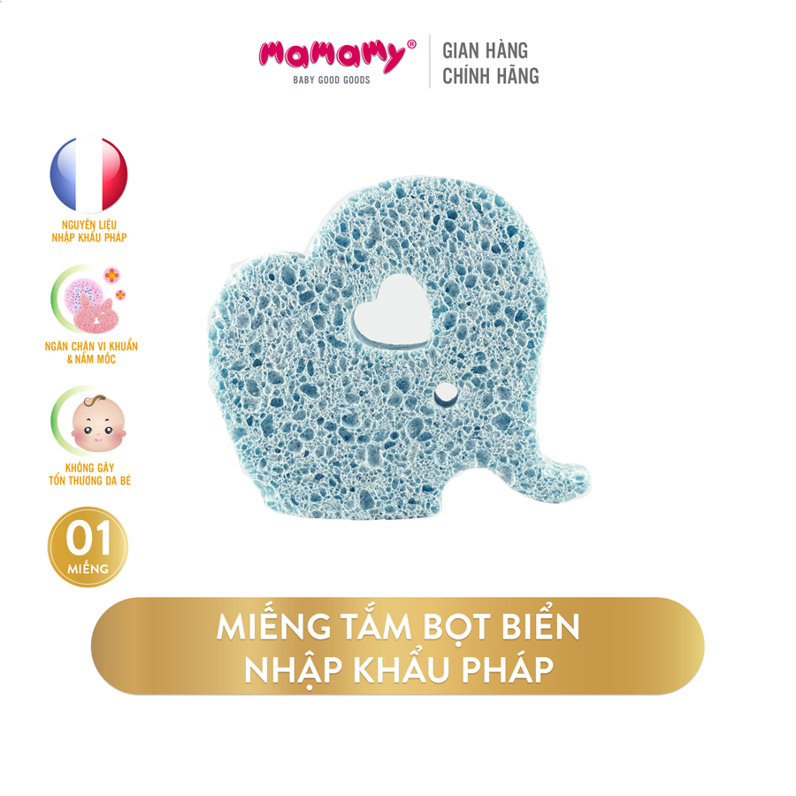 Miếng tắm bọt biển Cellulose tự nhiên Mamamy, tẩy da chết, an toàn cho trẻ sơ sinh (hình voi xanh lam)