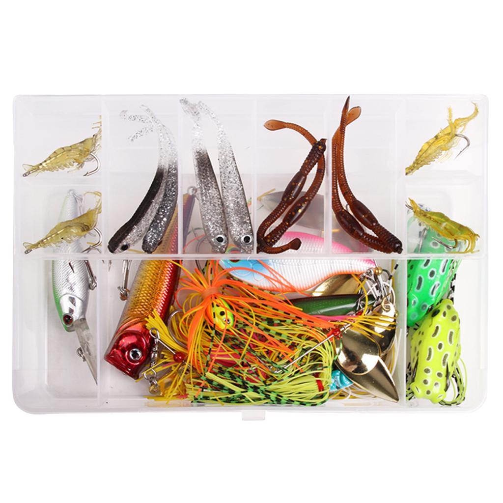 22pcs Fishing Lures Kit Soft Hard Baits Bass Popper Shrimp Minnow VIB Bait with Box for Freshwater Saltwater