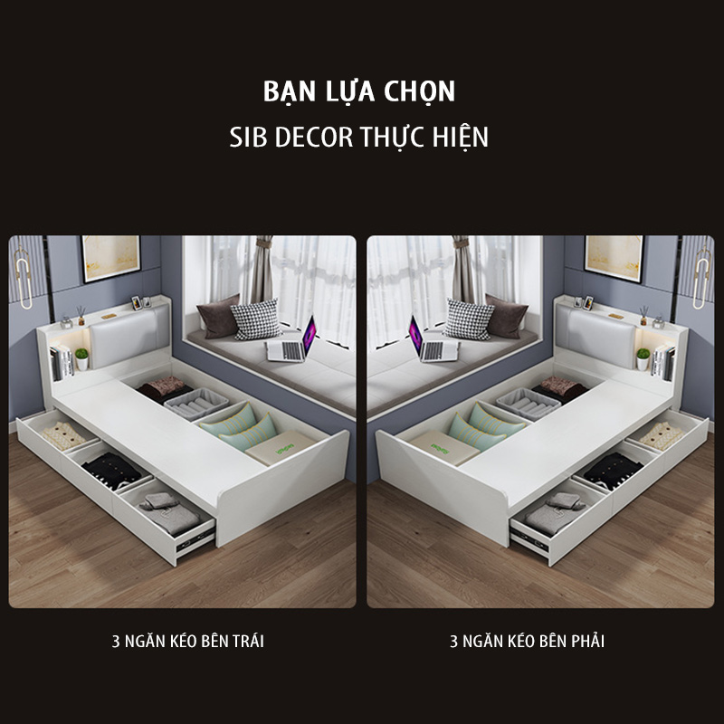 Giường Gỗ Đơn Dài 1.2m Phối Đèn LED và 3 Ngăn Kéo Màu Trắng SIB Decor GN14