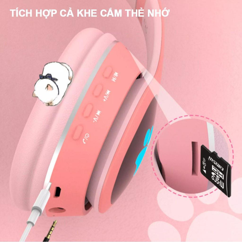 Tai nghe mèo bluetooth phát sáng STN28 - Tai nghe chụp tai mèo có mic kiểu dáng cute có khe cắm thẻ nhớ, Jack 3.5mm