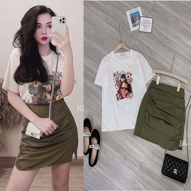 Set áo phông trắng kèm chân váy xanh xếp ly SETN499