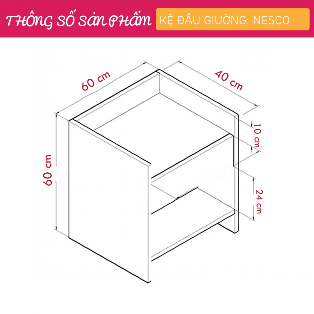 Kệ gỗ đầu giường hiện đại SMLIFE Nesco | Gỗ MDF dày 17mm chống ẩm | D60xR40xC60cm