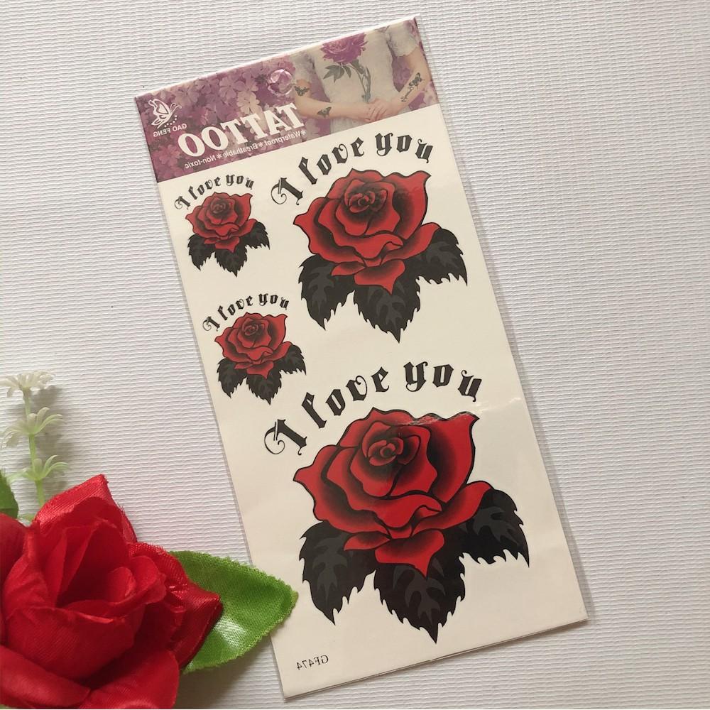 Hình xăm dán hoa hồng đỏ i love you 10x20cm- tặng đồng size khi mua từ 5 tấm