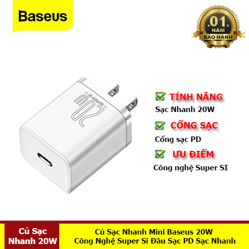 Củ Sạc Nhanh Mini Baseus 20W, Công Nghệ Super Si Đầu Sạc PD Cho Điện Thoại - Hàng Chính Hãng